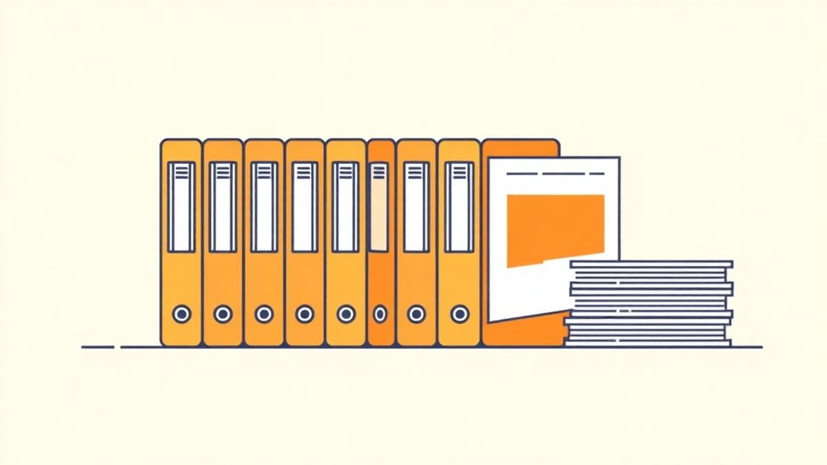 Illustration of neatly organised labelled folders and stacked documents representing a filing system