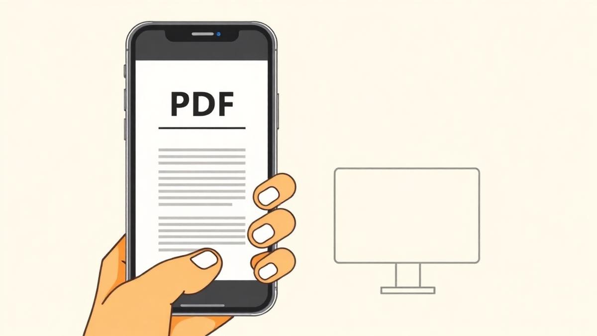 Illustration of a hand holding a phone displaying a PDF page with touch-friendly controls