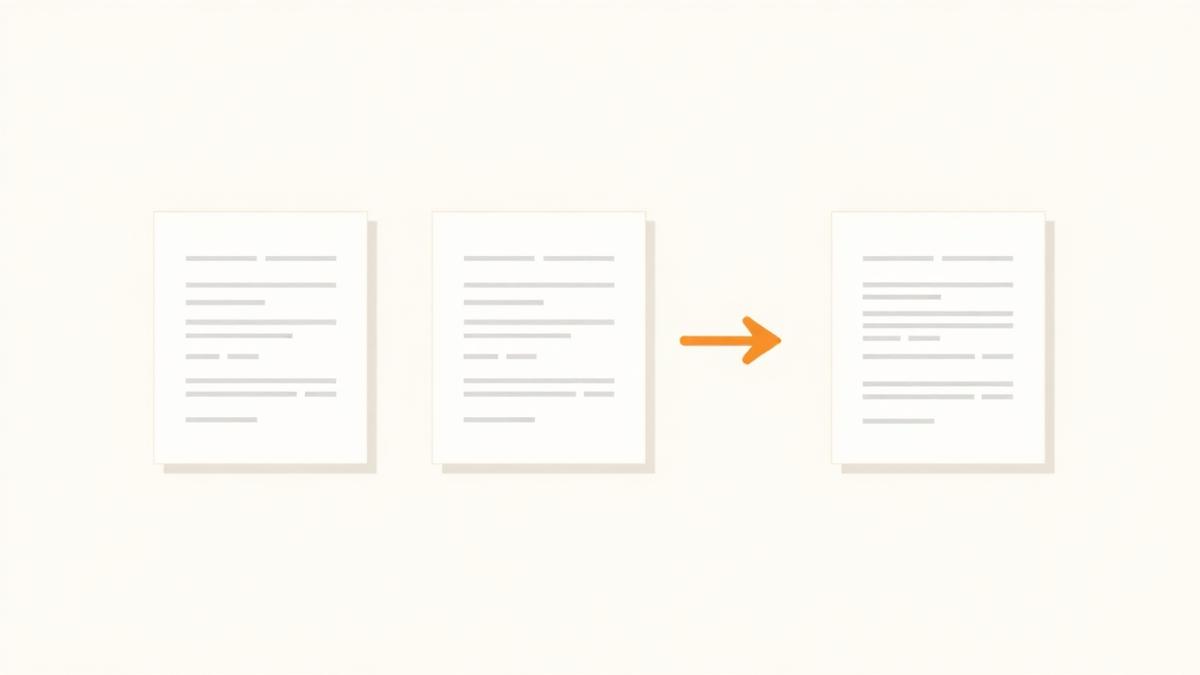 Diagram of several document pages being combined into one, illustrating a mobile-friendly merge workflow