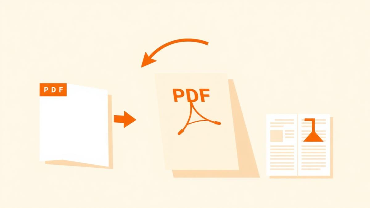 Illustration of a sideways PDF page being rotated upright with circular rotation arrows
