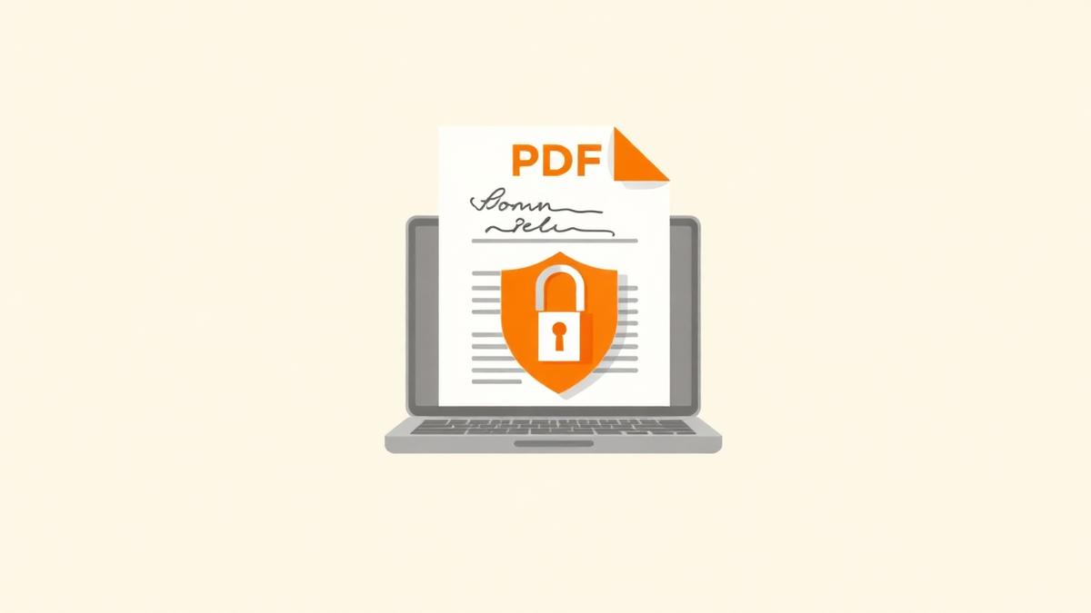 Illustration of a PDF with a signature and a padlock shield inside a laptop, representing local signing