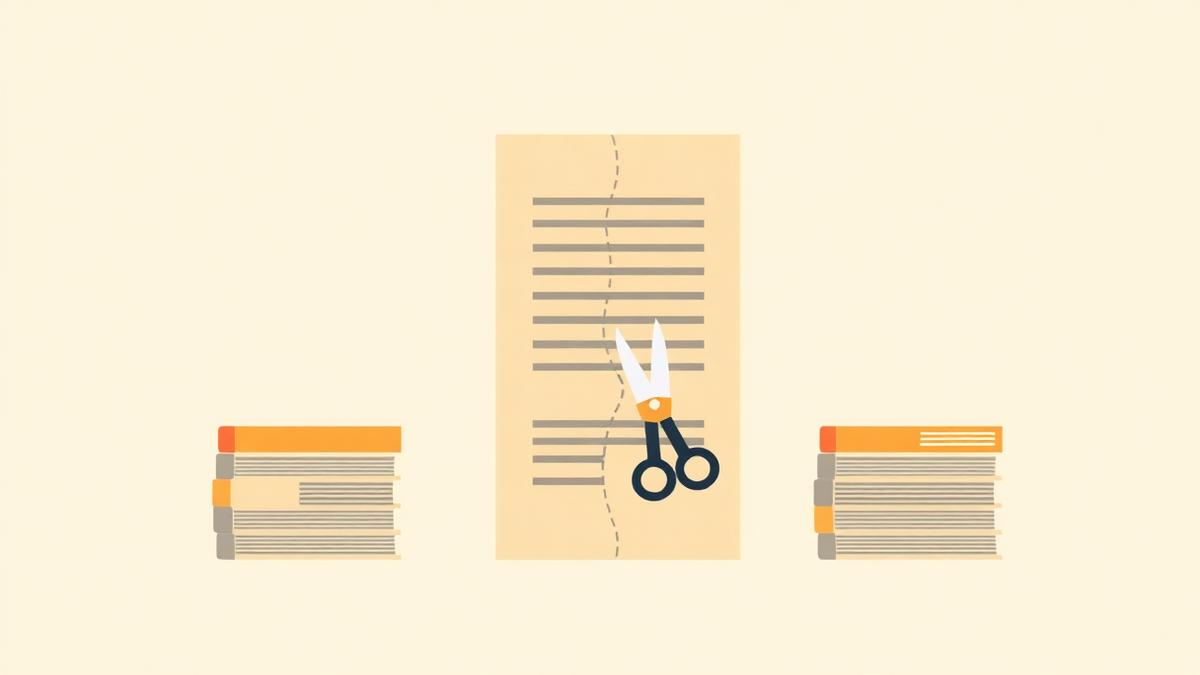 Illustration of a single PDF document being cut into two smaller stacks of pages